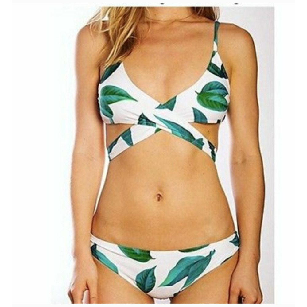 Cupshe White Bikini Top with Green Leaf Print